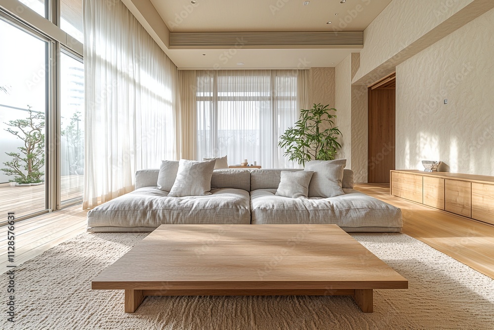 A Scandinavian interior in the living room with minimalist, sofa and wood cabinet and a cafe table in view. Generative AI
