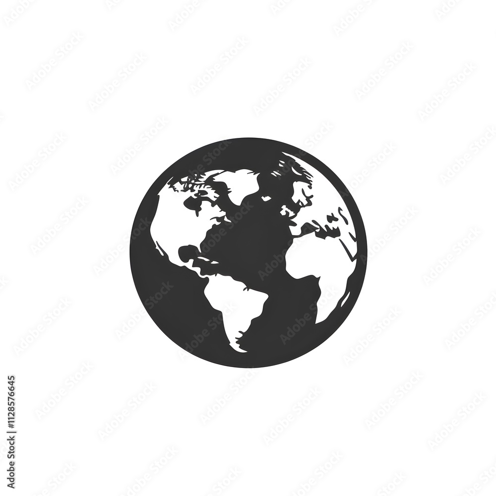 Minimalist Black and White Globe Icon with World Map Silhouette, Earth Symbol for Global Concepts Minimalist Black and White Globe Icon with World Map Silhouette, Earth Symbol for Global Concepts