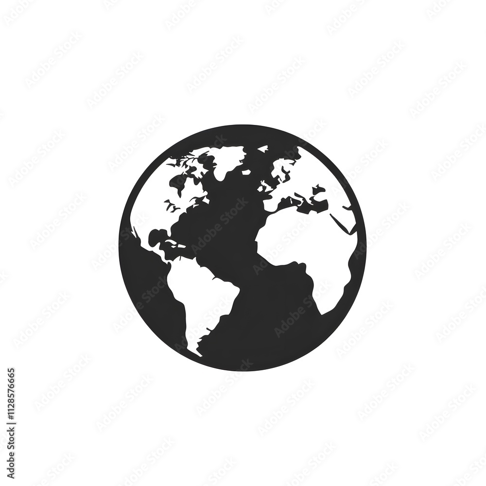 Minimalist Black and White Globe Icon with World Map Silhouette, Earth Symbol for Global Concepts Minimalist Black and White Globe Icon with World Map Silhouette, Earth Symbol for Global Concepts