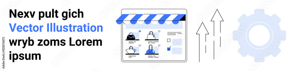 E-commerce web page featuring user profiles, arrows pointing upward, and a gear icon suggesting progress. Ideal for digital marketing, online business, e-commerce, growth strategies, user engagement E-commerce web page featuring user profiles, arrows pointing upward, and a gear icon suggesting progress. Ideal for digital marketing, online business, e-commerce, growth strategies, user engagement