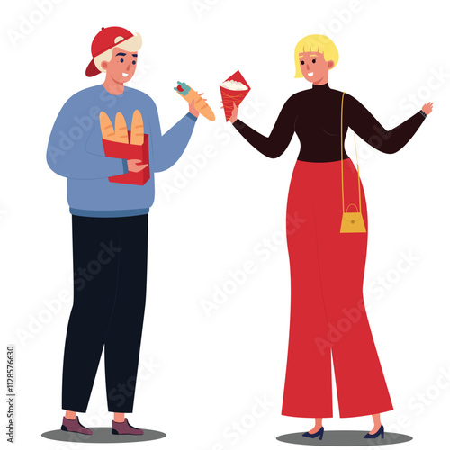 Art & Illustration the activity of women and men chatting while standing carrying food and drinks