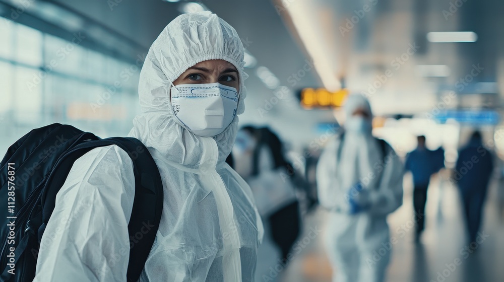 Health safety measures at international airport during COVID pandemic with travelers in protective gear Health safety measures at international airport during COVID pandemic with travelers in protective gear
