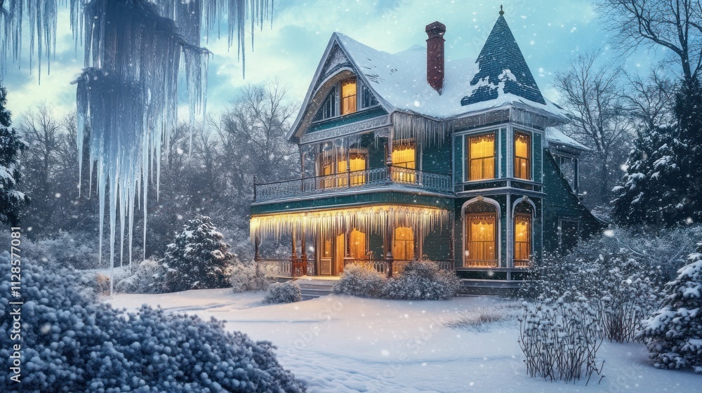 Victorian-style winter house in a snowy landscape, icicles hanging, warm glow inside Victorian-style winter house in a snowy landscape, icicles hanging, warm glow inside