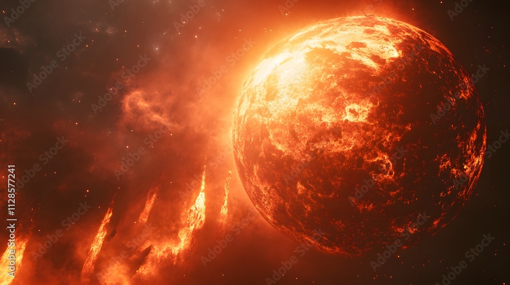 A fiery planet with massive geysers of molten lava erupting into a smoky red sky with glowing ash floating in the air. A fiery planet with massive geysers of molten lava erupting into a smoky red sky with glowing ash floating in the air.