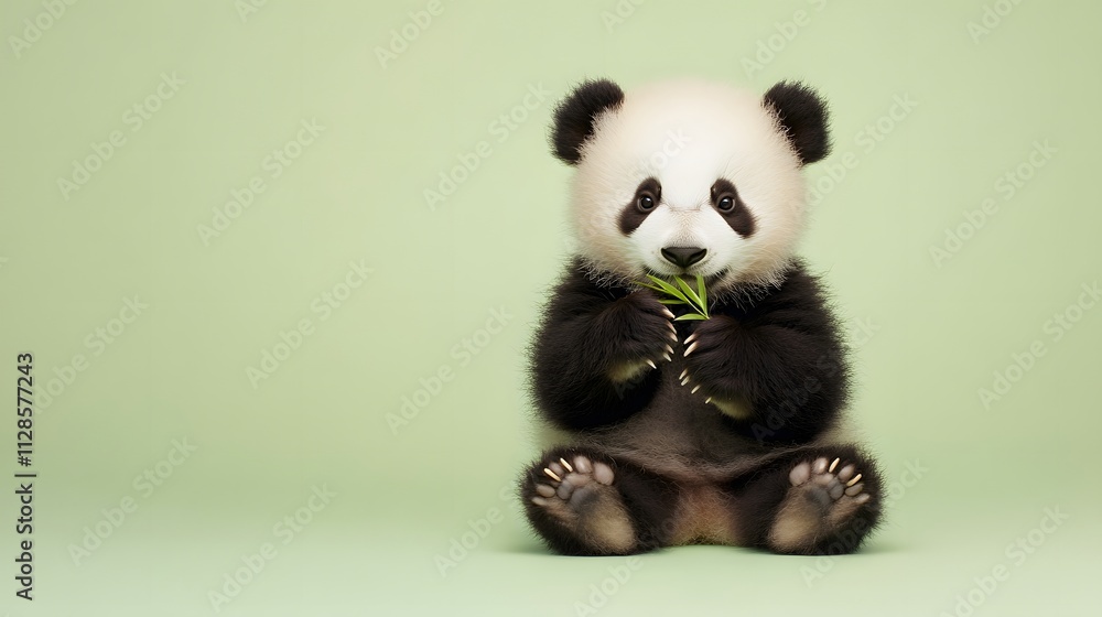 A fluffy baby panda sitting upright on a soft pastel green background holding a tiny bamboo shoot in its paws. A fluffy baby panda sitting upright on a soft pastel green background holding a tiny bamboo shoot in its paws.
