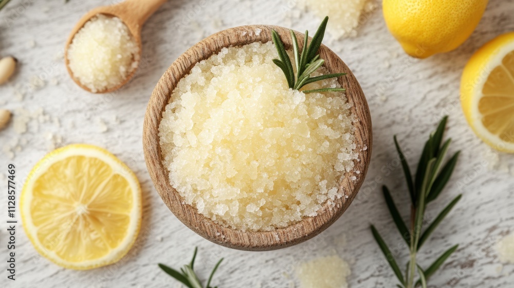 Aromatic Lemon Rosemary Bath Salt In Wooden Bowl Aromatic Lemon Rosemary Bath Salt In Wooden Bowl