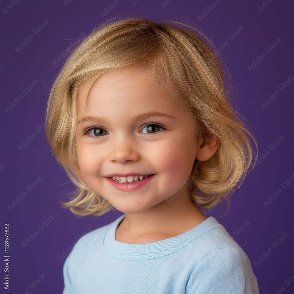 portrait of a laughing curly blonde child on a purple background portrait of a laughing curly blonde child on a purple background