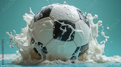 White and black soccer ball is covered in milk. The milk is splashing out of the ball, creating a messy and chaotic scene. Concept of fun and playfulness, as well as a bit of messiness photo