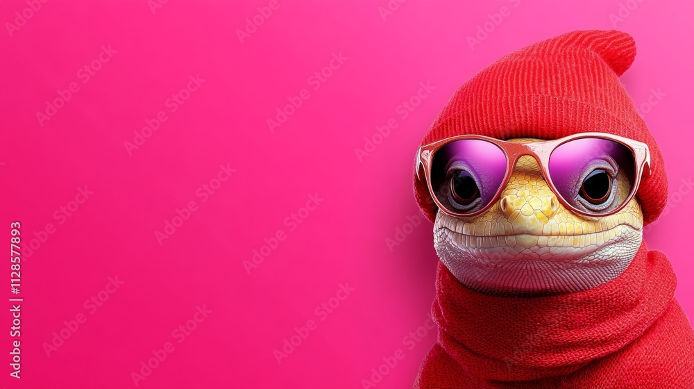 Fototapeta premium Frog wearing sunglasses and a red scarf. The frog is looking at the camera. The background is pink