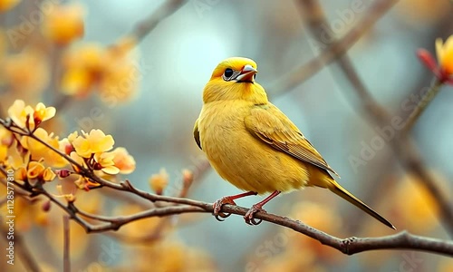Yellow bird perched on a flowering branch.