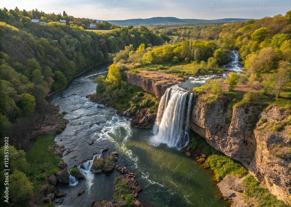 Aerial View of Dzhurynskyi Waterfall in Nyrkiv Village, Ternopil Oblast, Showcasing the Majestic Flow of the Dzhuryn River Surrounded by Lush Greenery and Scenic Landscape Aerial View of Dzhurynskyi Waterfall in Nyrkiv Village, Ternopil Oblast, Showcasing the Majestic Flow of the Dzhuryn River Surrounded by Lush Greenery and Scenic Landscape