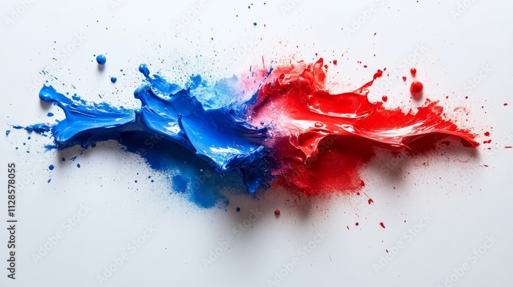 Fototapeta premium Splash of blue and red paint on a white background. The colors are vibrant and bold, creating a sense of energy and excitement. The splatter effect adds a dynamic and artistic touch to the image