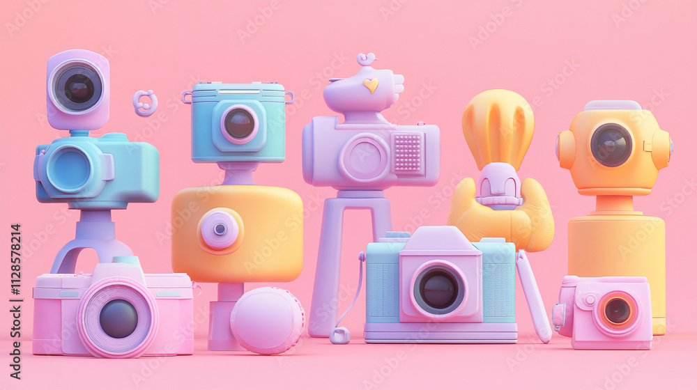 Colorful collection of playful camera models on a pink background showcasing creativity and design Colorful collection of playful camera models on a pink background showcasing creativity and design
