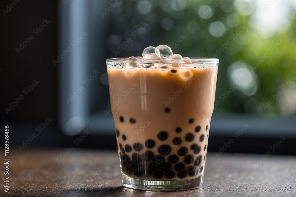 Bubble tea in a tall glass, clear pearls at the bottom, condensation droplets outside, blurred background for a fresh focus Bubble tea in a tall glass, clear pearls at the bottom, condensation droplets outside, blurred background for a fresh focus