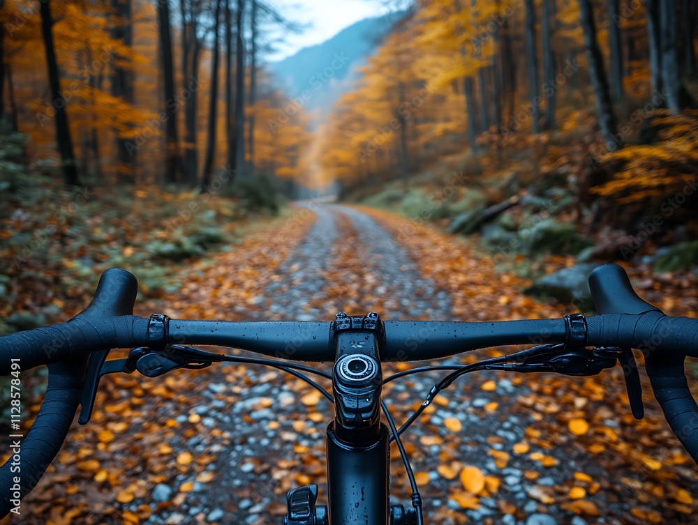 Cycling through an autumnal forest path on a gravel bike Cycling through an autumnal forest path on a gravel bike