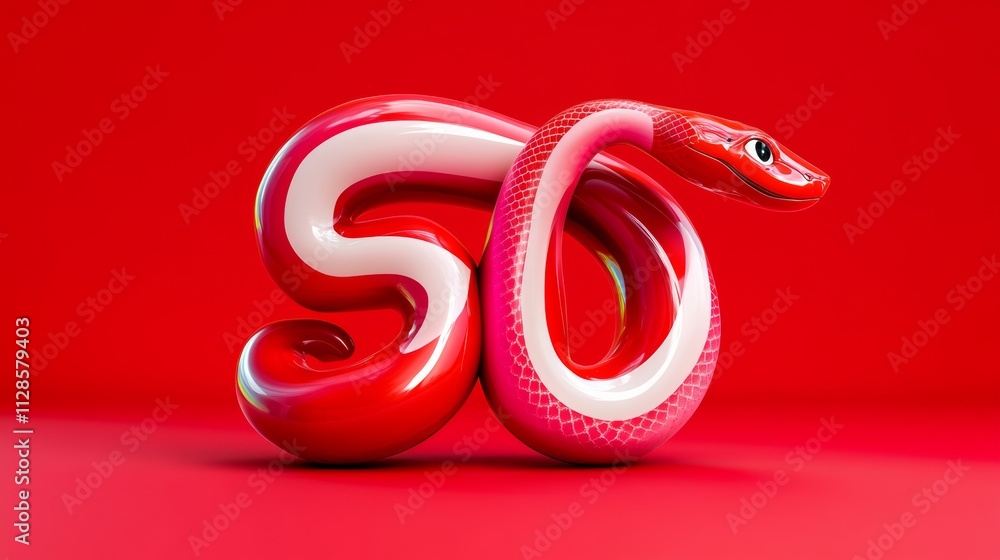 Obraz premium Red and white snake with a black head and a pink body. The snake is curled up and has a 50 on its body