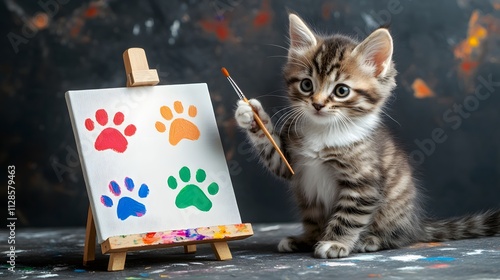 A kitten holding a paintbrush sitting next to a small canvas with colorful paw prints. photo