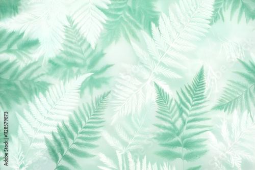 Soft and airy feather fern pattern in shades of mint and white, light and refreshing aesthetic for wallpaper, high definition background, mock up wallpaper