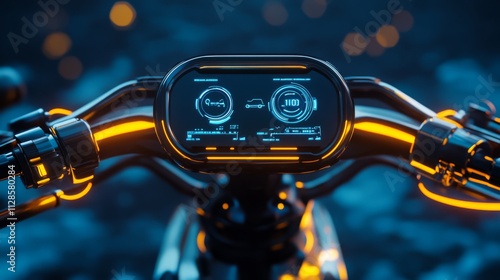 Futuristic motorcycle dashboard with digital display and illuminated handlebars.