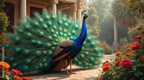 Peacock Displaying Its Tail Feathers in a Grand Palace Garden
