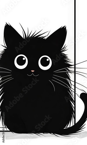 A black cat in cartoon style, simple drawing with a white background, cute face, charming eyes, white border, space for text.