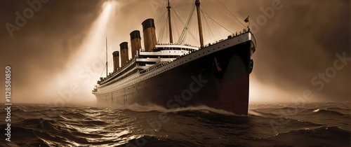 Sepia oilpainting of Titanic sinking as seen from lifeboats the towering bow reaching upward lifeboats filled with onlookers in sepia tinged despair under a shadowy sky.