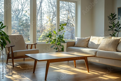 Mid century Modern interiors in the living room with green leaves visible out the window and sofa and cafe table. Generative AI 