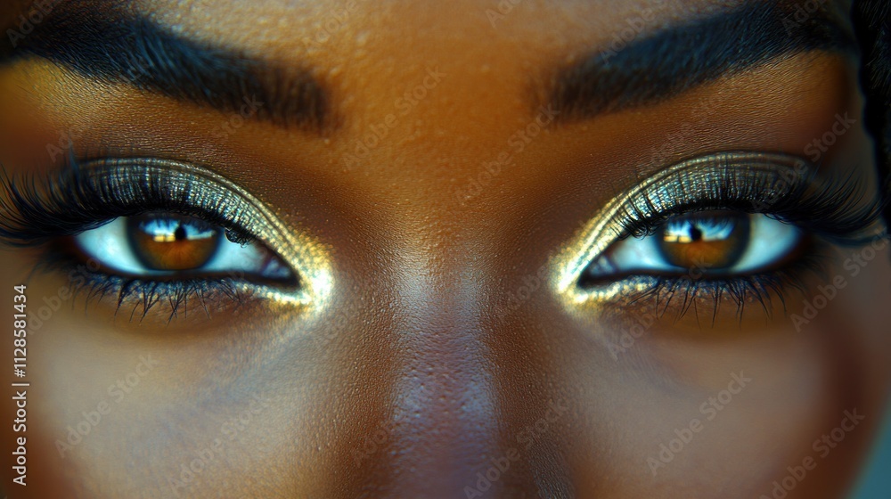 Close-up of a woman's eyes with dramatic, golden eyeshadow, captivating gaze.. Close-up of a woman's eyes with dramatic, golden eyeshadow, captivating gaze..