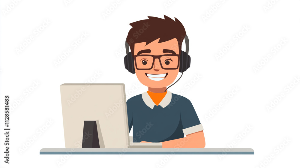 Young man wearing headphones engages with computer while smiling at his desk Young man wearing headphones engages with computer while smiling at his desk