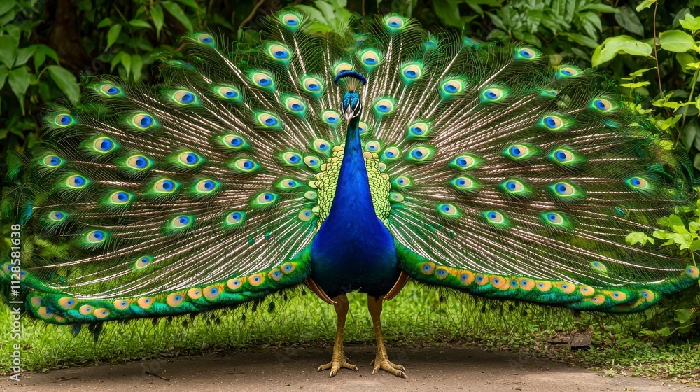 Obraz premium Stunning Close-Up of a Male Peacock Displaying Vibrant Feathers in Nature, Showcasing Beautiful Colors and Intricate Patterns