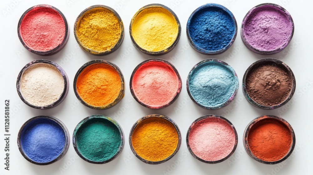 Colorful Powder Pigments Arranged In A Grid Pattern Colorful Powder Pigments Arranged In A Grid Pattern