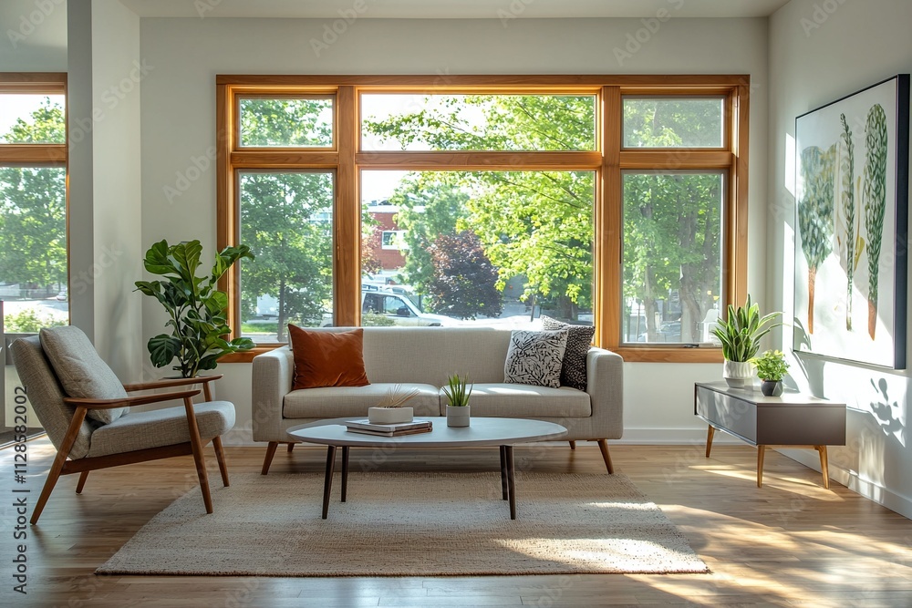 Minimalist, mid century modern interiors in the living room of a house with windows visible and sofa and cafe table. Generative AI
Minimalist, mid century modern interiors in the living room of a house with windows visible and sofa and cafe table. Generative AI