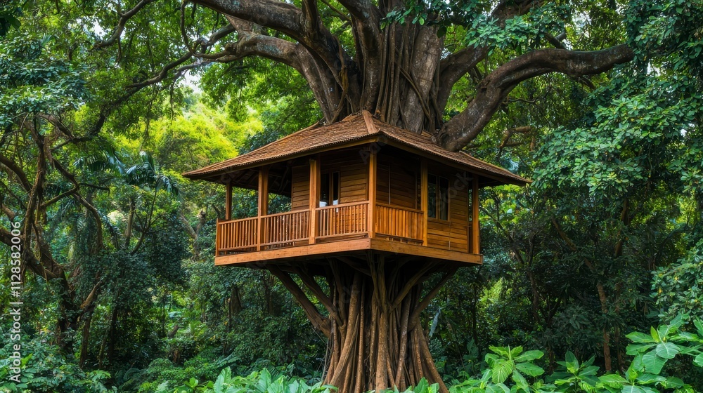 Enchanting Treehouse Nestled Amongst Lush Greenery in a Dense Forest, Showcasing the Beauty of Nature and Architectural Harmony with Surroundings Enchanting Treehouse Nestled Amongst Lush Greenery in a Dense Forest, Showcasing the Beauty of Nature and Architectural Harmony with Surroundings