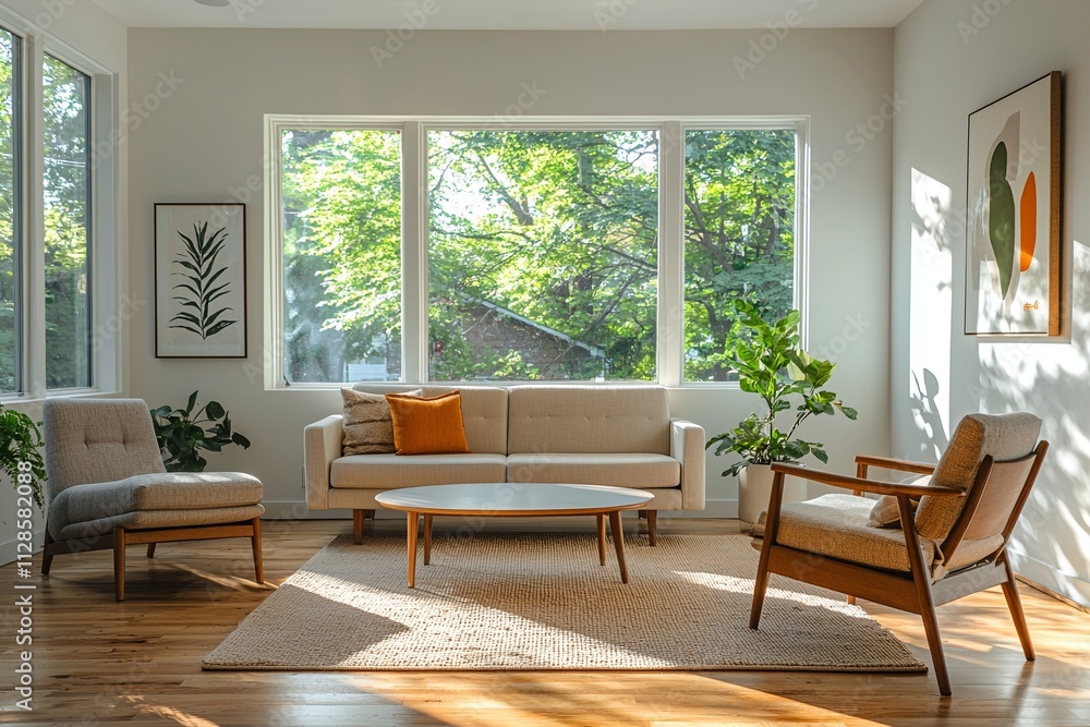 Minimalist, mid century modern interiors in the living room of a house with windows visible and sofa and cafe table. Generative AI
Minimalist, mid century modern interiors in the living room of a house with windows visible and sofa and cafe table. Generative AI