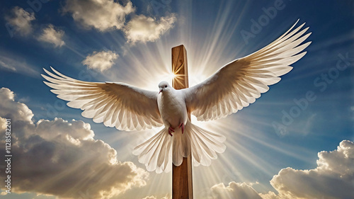 White dove near wooden cross in heavenly sky with sunlight, symbolizing the Holy Spirit, Jesus Christ, faith, spiritual peace, Church baptism, salvation, and divine worship. photo