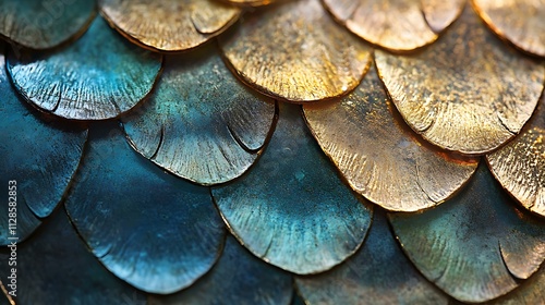 Close-up of overlapping fish scales with metallic sheen photo