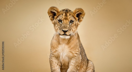 Majestic young lion cub portrait against warm beige background for nature design photo