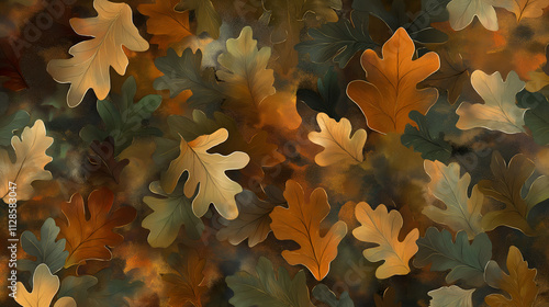 Abstract oak leaves in earthy tones of brown, orange, and green, blended into a seamless autumn inspired design, high definition background, mock up wallpaper photo