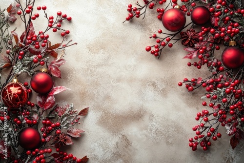 Red berries and ornaments on a festive Christmas background, vibrant and stylish. photo