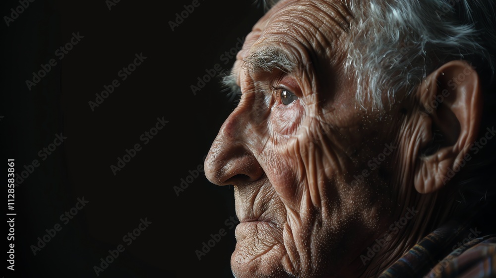 A close-up portrait of a thoughtful elderly man with a dark background. A close-up portrait of a thoughtful elderly man with a dark background.