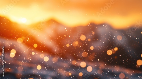 Golden Hour Mountain Landscape: A Breathtaking Sunset with Sparkling Bokeh Effects