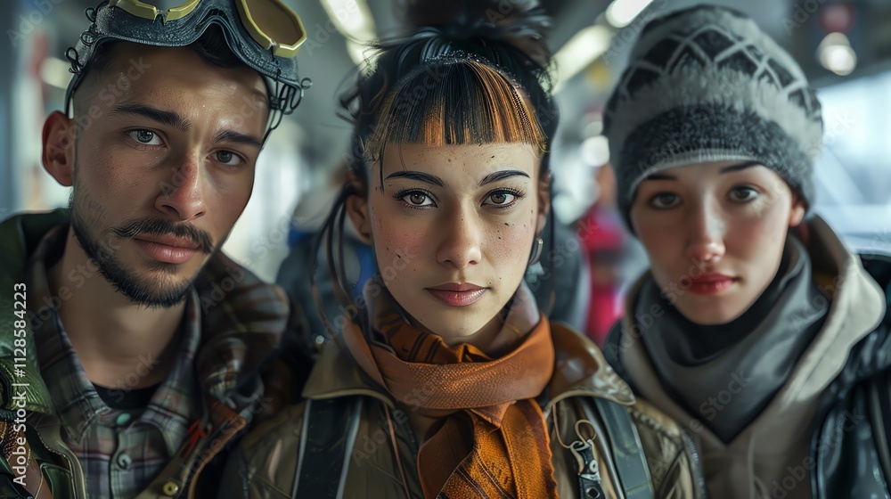 A group of three young people stand close together looking directly at the camera. A group of three young people stand close together looking directly at the camera.