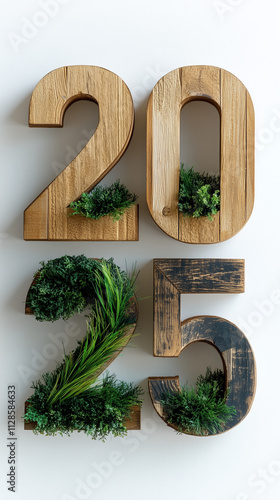 2025 New Year Celebration - Wooden Number Blocks, wooden blocks arranged on a table, each block painted with a single digit to collectively display the year "2025"