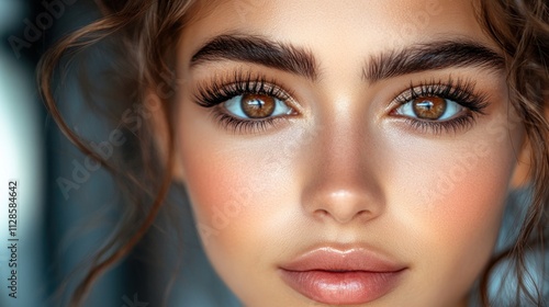 Close-up of a woman's face with perfect makeup, natural light, and beautiful eyes..