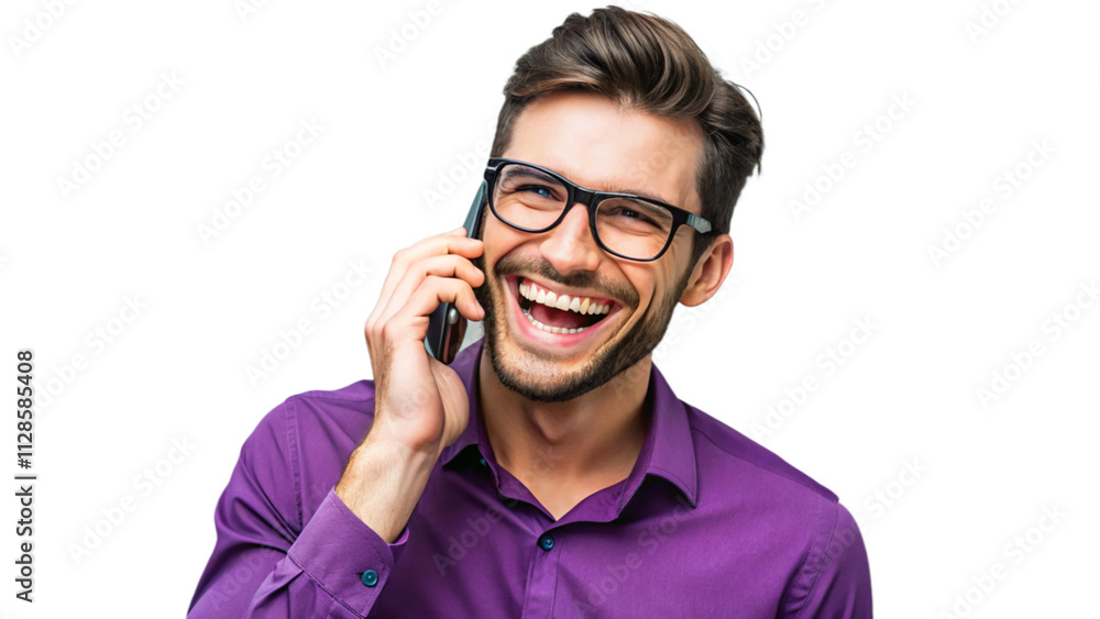 Cheerful young man in purple shirt and glasses, talking on the phone and laughing to joke
Cheerful young man in purple shirt and glasses, talking on the phone and laughing to joke