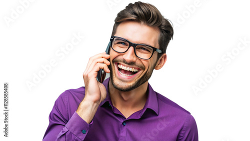 Cheerful young man in purple shirt and glasses, talking on the phone and laughing to joke 