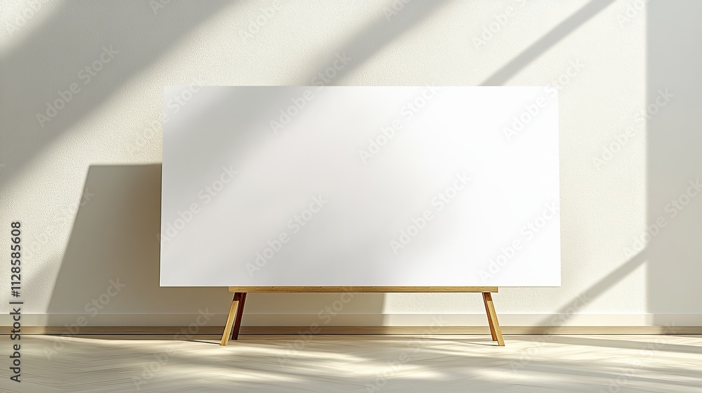 Elegant Empty White Canvas on Wooden Easel in a Modern Minimalist Room - A Blank Interior Design Mockup Elegant Empty White Canvas on Wooden Easel in a Modern Minimalist Room - A Blank Interior Design Mockup
