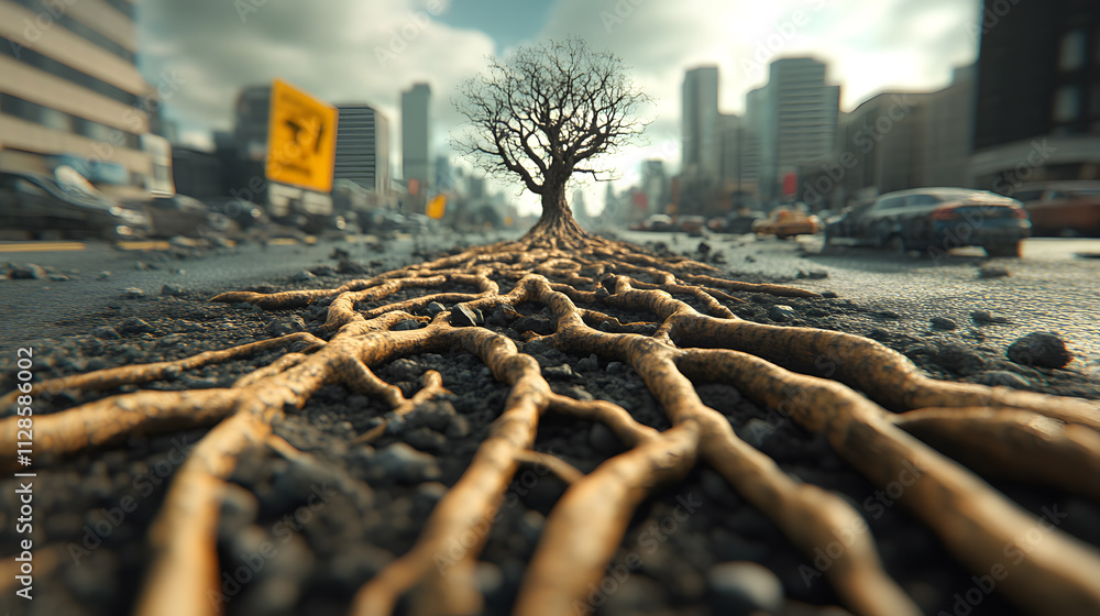 Fototapeta premium Urban tree roots emerge from city streets urban environment nature photography dramatic perspective environmental concept