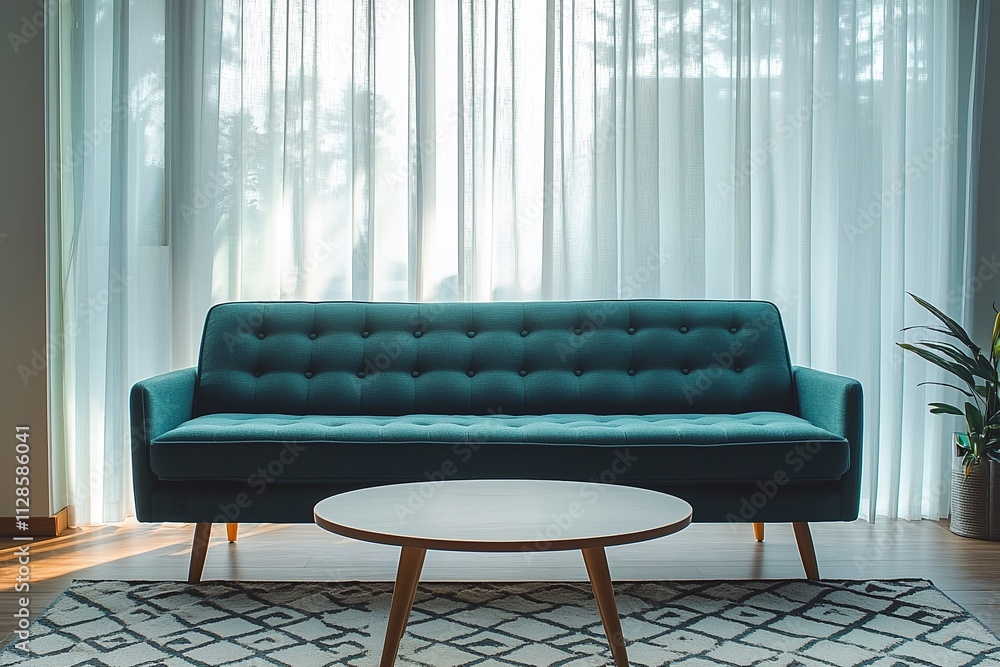 A minimalist, mid century modern interior in the living room with a teal sofa and cafe table. Generative AI
A minimalist, mid century modern interior in the living room with a teal sofa and cafe table. Generative AI