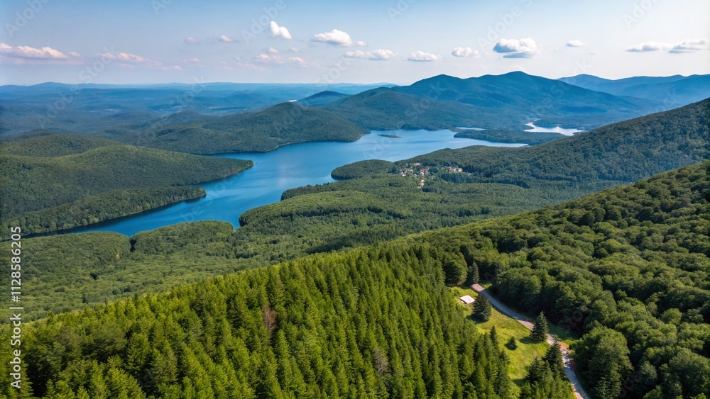 Obraz premium Aerial View of Stunning Mountain Landscape with Lush Forests, Serene Lakes, and Clear Skies Captured by Drone Photography for Nature Enthusiasts and Adventure Seekers